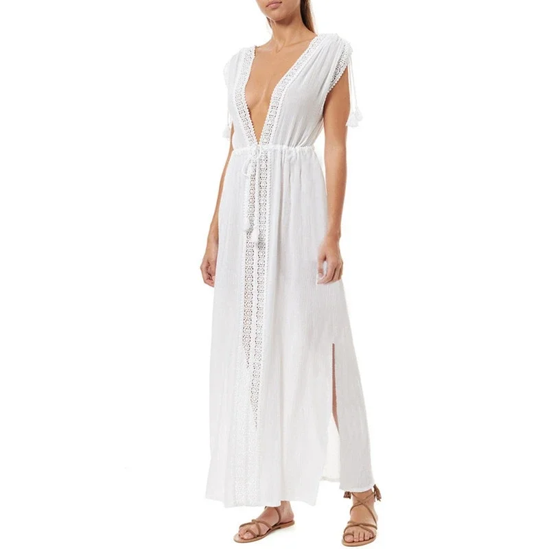 summer Crochet White Knitted Beach Cover up dress Tunic Long Pareos Bikinis Cover up long knit bikini cover ups