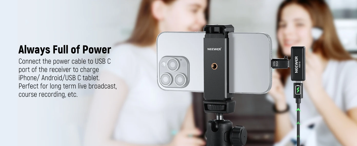 Neewer KM18 Wireless Lav Mic w/Noise Canceling & USB-C Case, 24H 200m for iPhone