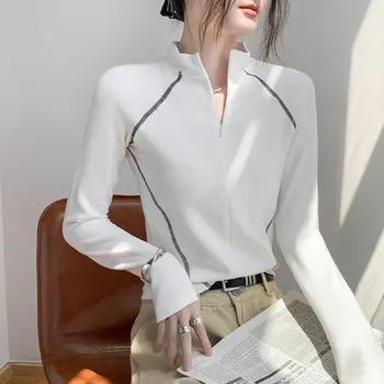 T-shirt a maniche lunghe tedesca Vel a doppia faccia con collo a mezza tartaruga con cerniera per donna in autunno e inverno Top base calda interna sottile 1