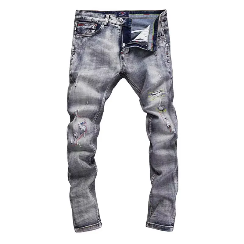 Newly Designer Fashion Men Jeans High Quality Retro Gray Blue Stretch Slim Fit Ripped Jeans Men Embroidery Vintage Denim Pants