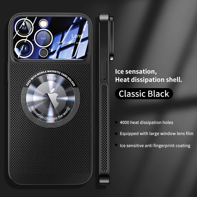 Plated Mesh Glass Lens Heat Dissipation Magnetic Phone Case with Enlarged Logo