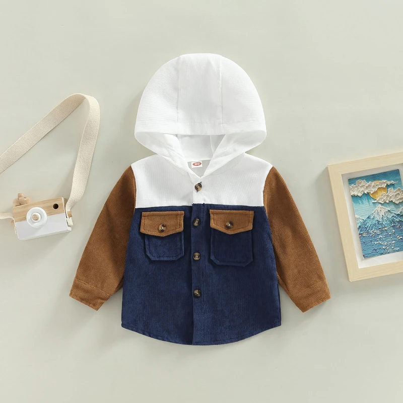 FOCUSNORM 1-6Y Fashion Autumn Casual Kids Boys Jacket 2 Colors Patchwork Long Sleeve Hooded Single Breasted Coats