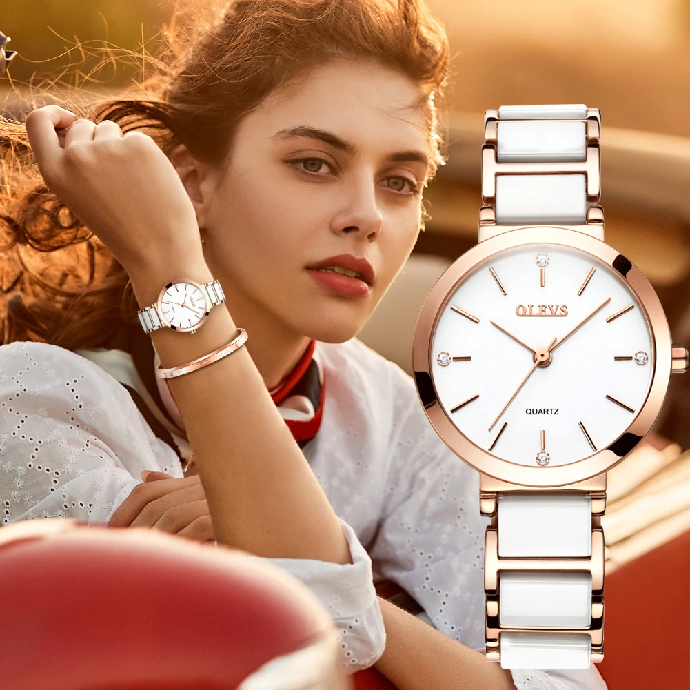 OLEVS Ceramics Watchstrap Quartz Women Watch Waterproof Luxury Brand Watch For Women Fashion Elegant Ladies Bracelet 5877 Women Electronic Watch
