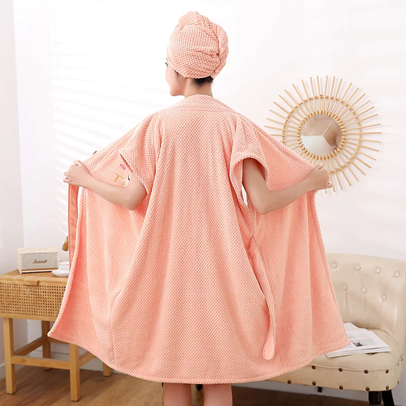 Pineapple Bathrobe Women's Thickened Household Cross Tie Bathing Skirt Towel Dry Hair Hat Wearable Bathtowel Coral Velvet 3