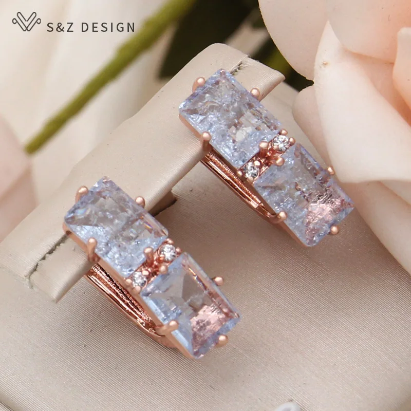 S&Z DESIGN New Fashion 585 Rose Gold Color Rectangle Ice Crack Crystal Drop Earring For Women Wedding Cubic Zirconia Jewelry
