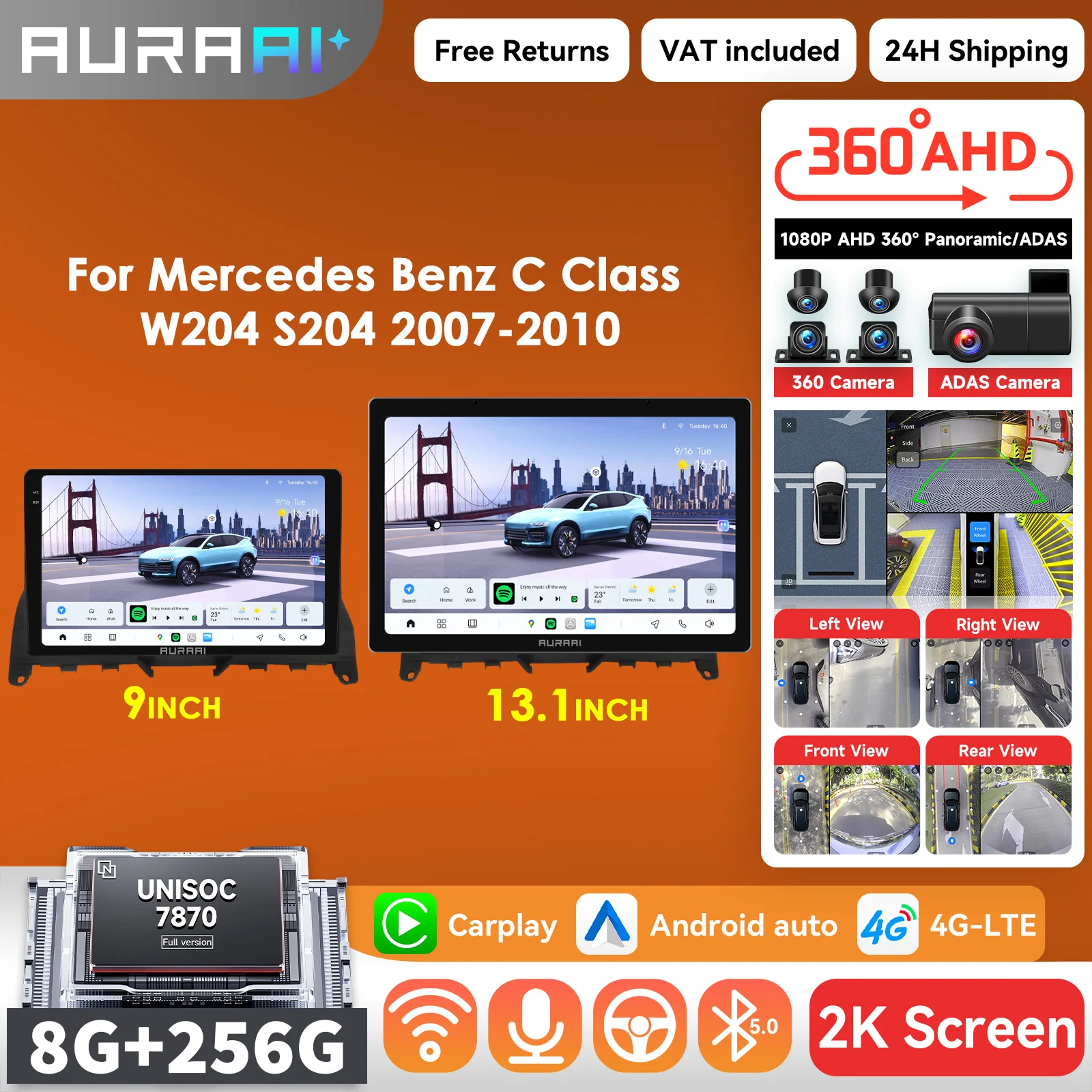 AURAAI X100 AI Carplay Android Auto Radio für Mercedes Benz C-Klasse W204 S204 2007-2010 Multimedia-Player 2K ADAS 360 Kamera GPS