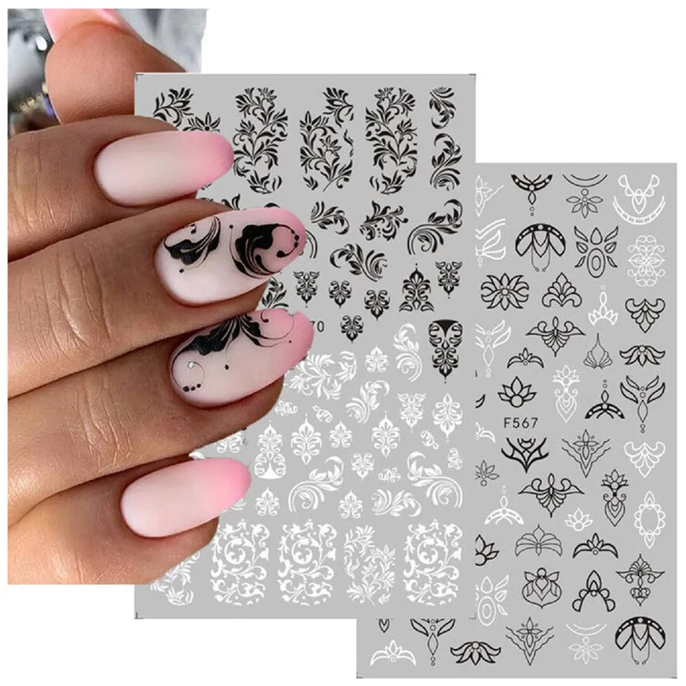 

3D Flowers Lace Stickers For Nails White Black Self-Adhesive Nail Stickers Decals DIY Nails Art Decoration Stickers Accessories