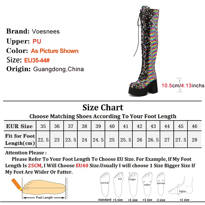 Glitter Boots Lace-up Thick Platform Thigh High Nightclub Party Bling Gothic Women Shoes 10.5CM Sparkly Round Toe OverKnee Boots