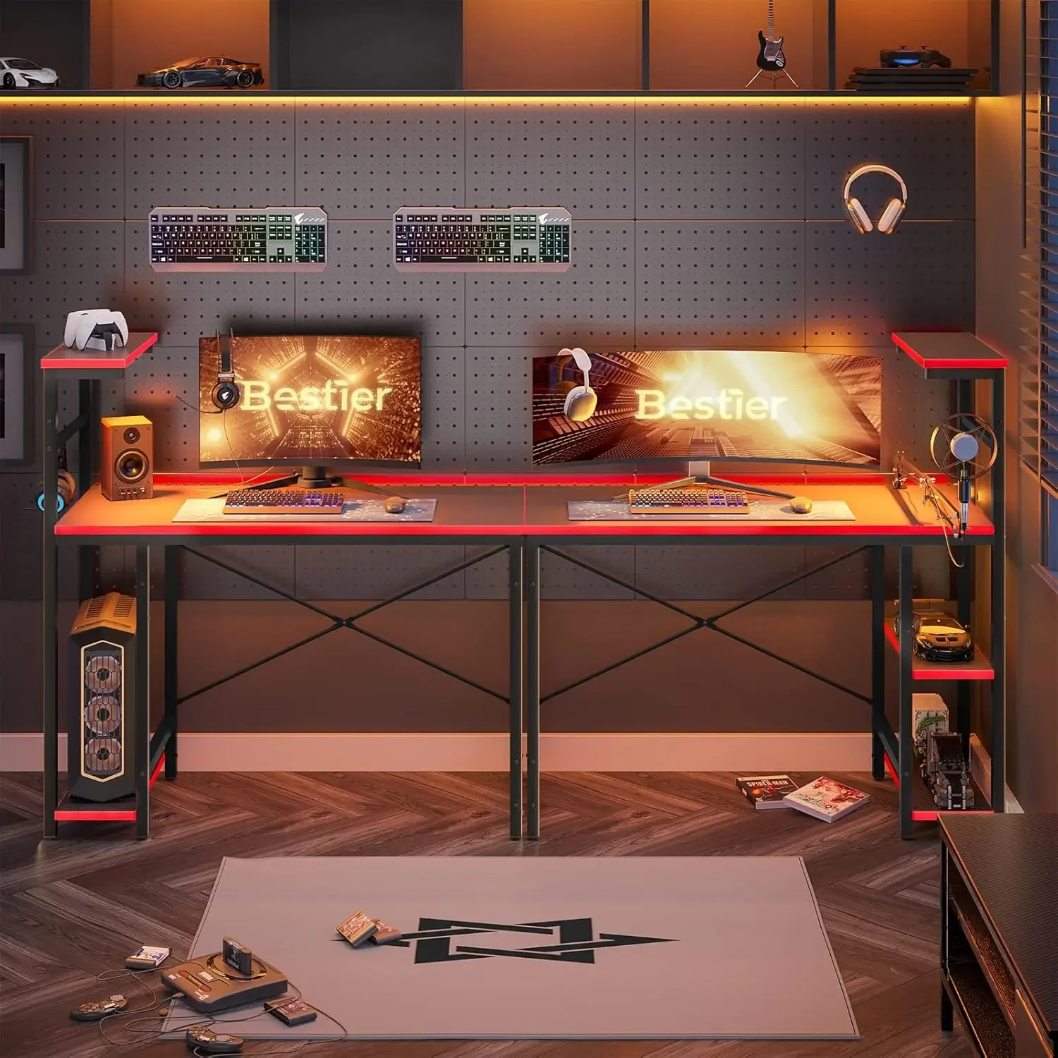 Gaming Desk with LED Lights, 44 Inch PC Gamer Desk for Small Spaces, Computer Desk with Reversible Storage Shelves 4