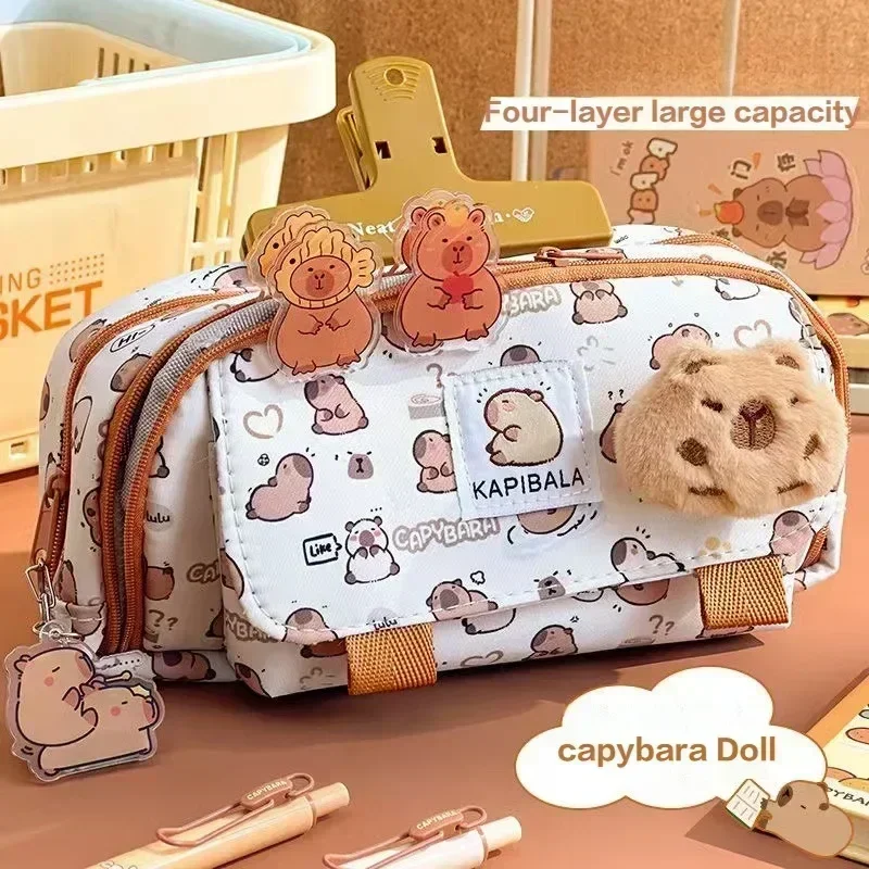 Creative Three-layer Pen Bag Large Capacity Capybara Stationery Bag Multifunctional Pencil Case Student Gift School Supplies