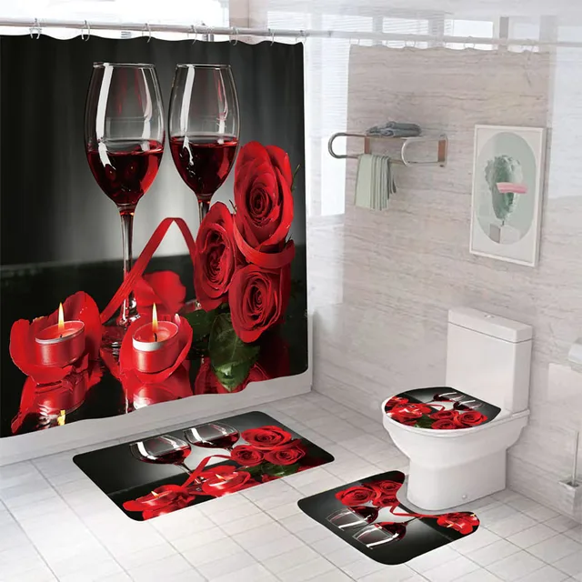 Rose Flower Shower Curtain Set Non-Slip Rugs Bath Mat Toilet Lid Cover and 12 Hooks Waterproof Polyester Bathroom Decor F-4pcs- Full Set