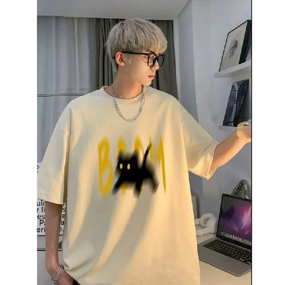 

2024 cotton men's short-sleeved T-shirt summer new American retro printing design niche half-sleeved body