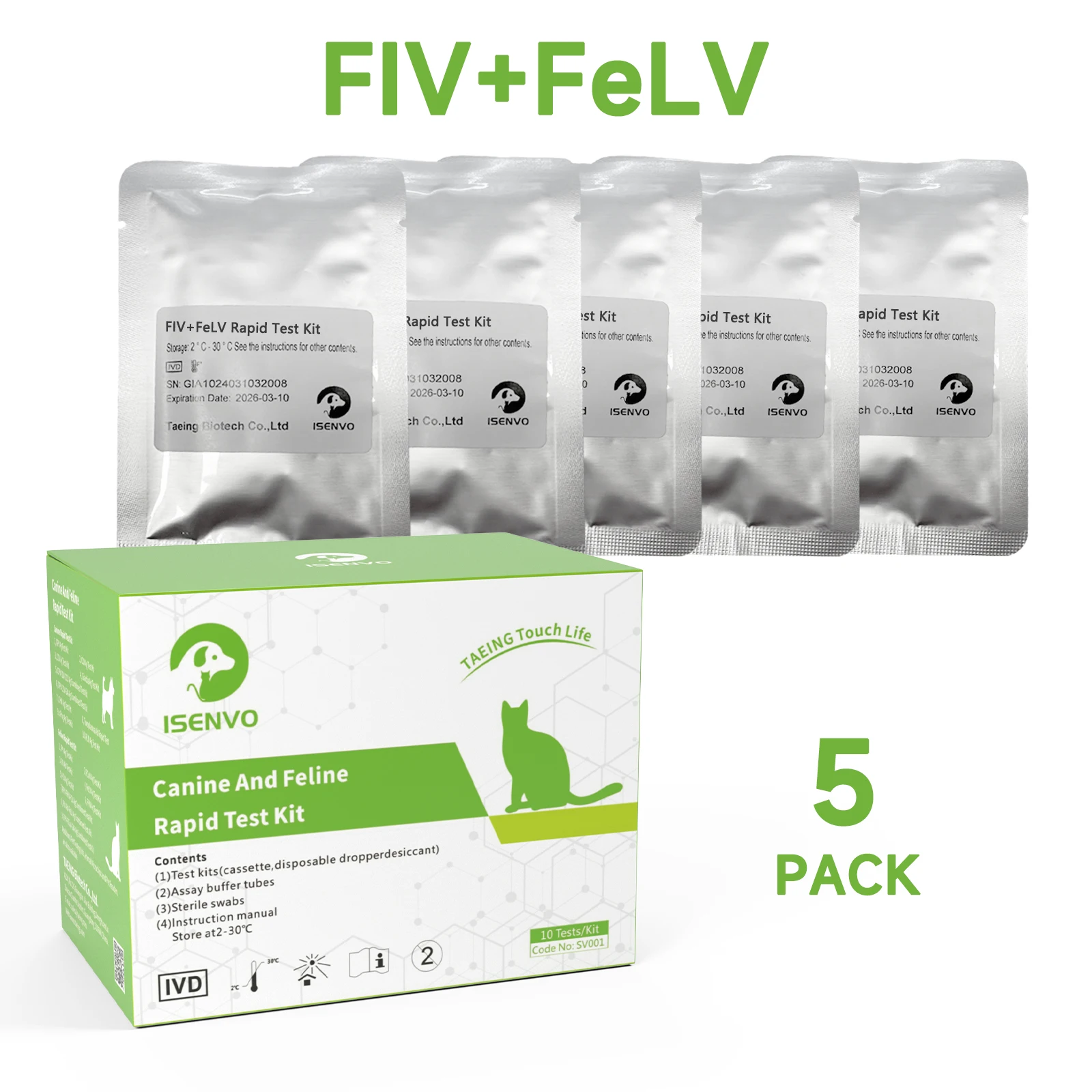 5 Pcs (FIV+FeLV) Feline Immunodeficiency & Leukemia Combo Test Kits for Cats