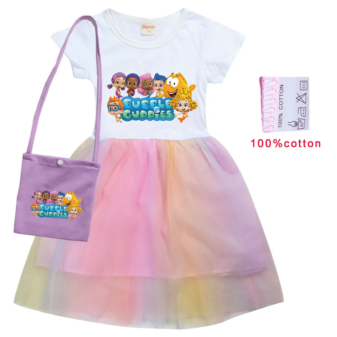 

2-10Y Cute Kawaii Bubble Guppies Clothing for Baby Girls Summer Dress & Bag Kids Cartoon Vestidos Toddler Girl Elegant Dresses