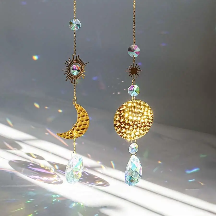 2 PCS Sun Moon Crystals suncatchers for Windows Sun Catchers Indoor Windows Rainbow Maker Car Mom Grandma Kids Garden Gifts