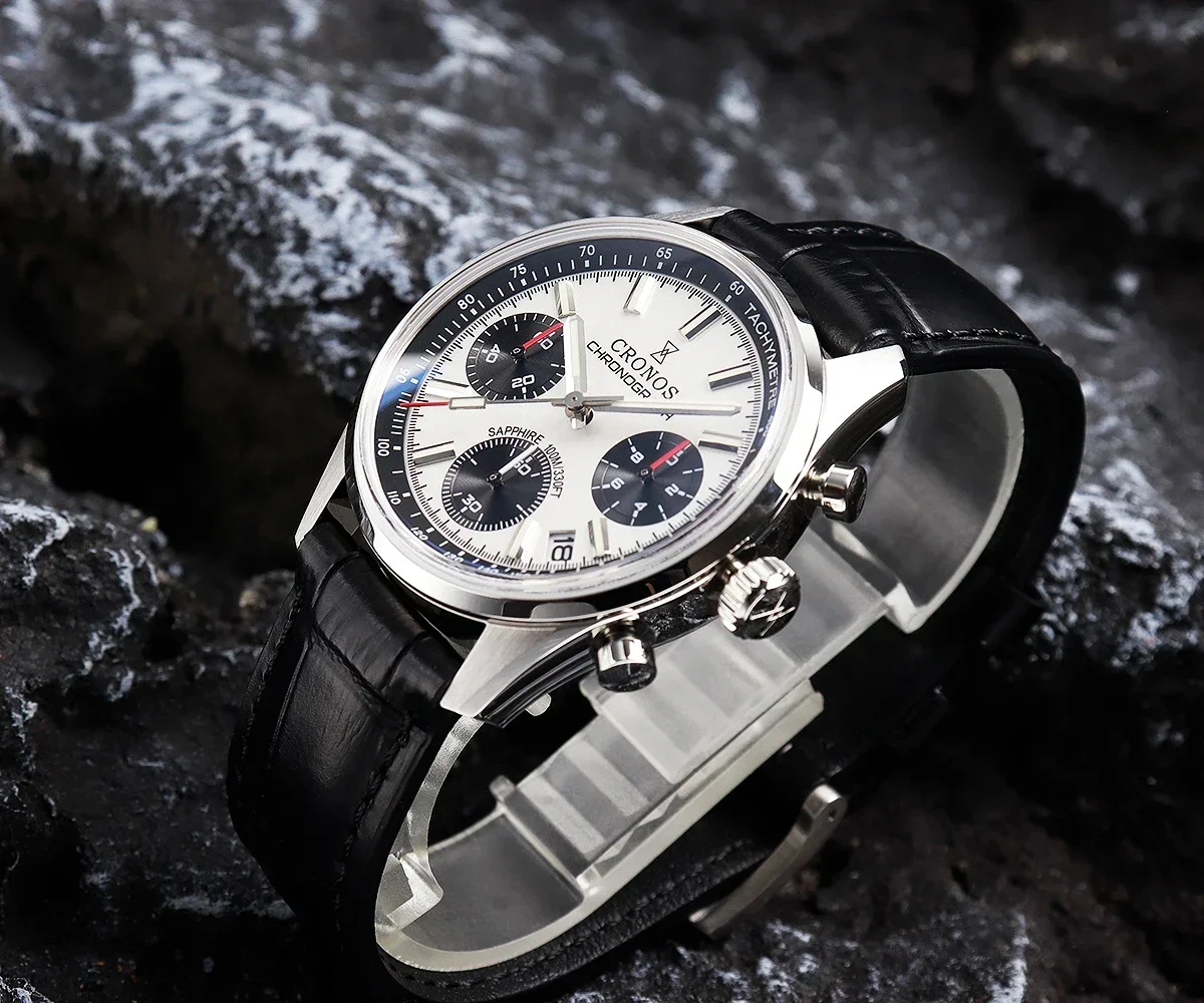 Cronos L6035 Chronograph 38.5mm Quartz Wristwatches Miyota 6S20 Black&White Panda Dial Sapphire Waterproof 10Bar BGW-9 Watches 6