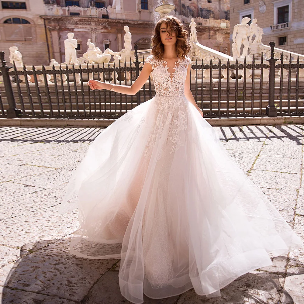 

Elegant Beach Wedding Dress See Through Cap Sleeve Vestidos De Novia Applique Vestido De Noiva