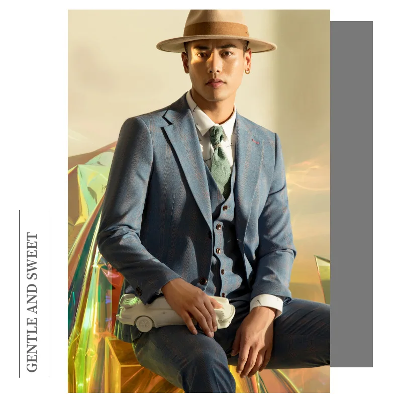 ZX270Gray blue suit men's suit wedding groom dress high-end summer men's fashion plaid suit formal wear