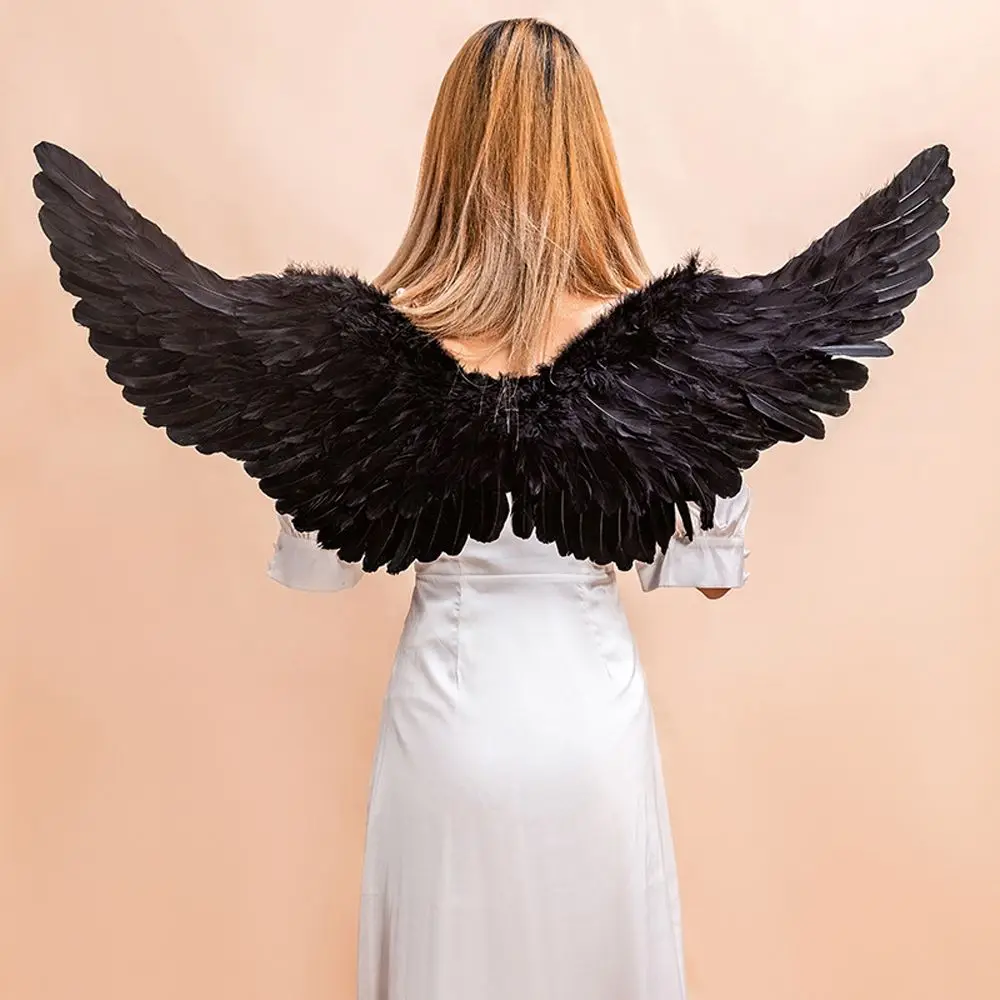 Asa de pena de anjo para mulheres, decoração de Halloween, adereços de festa, apresentação de cena de show preto e branco