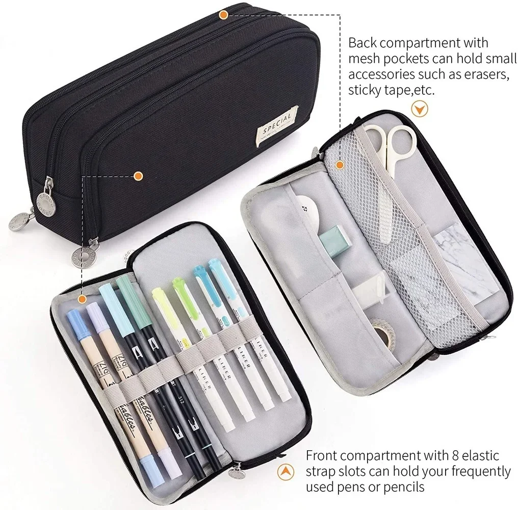 Pencil Case Kawaii Large Space Storage 3 Compartment Pouch Double Side Opened Student Stationery Desk Organizer School Supplies
