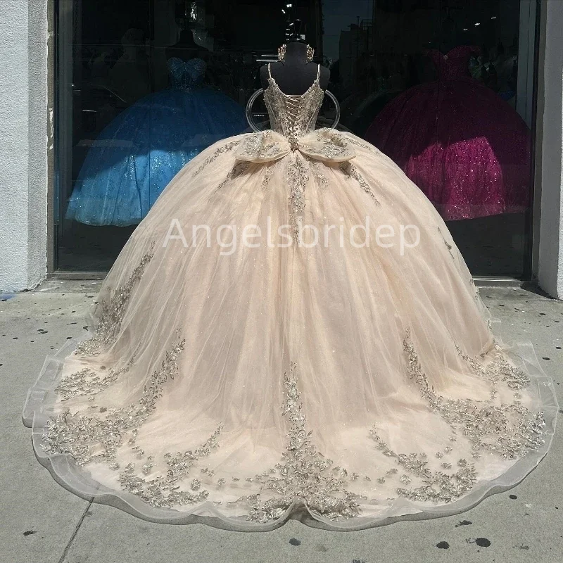 Angelsbridep Champagne Glitter Sweetheart Vestido De 15 Quincea&ntilde;era Spaghetti Straps Ball Gown Quinnceanera Dresses