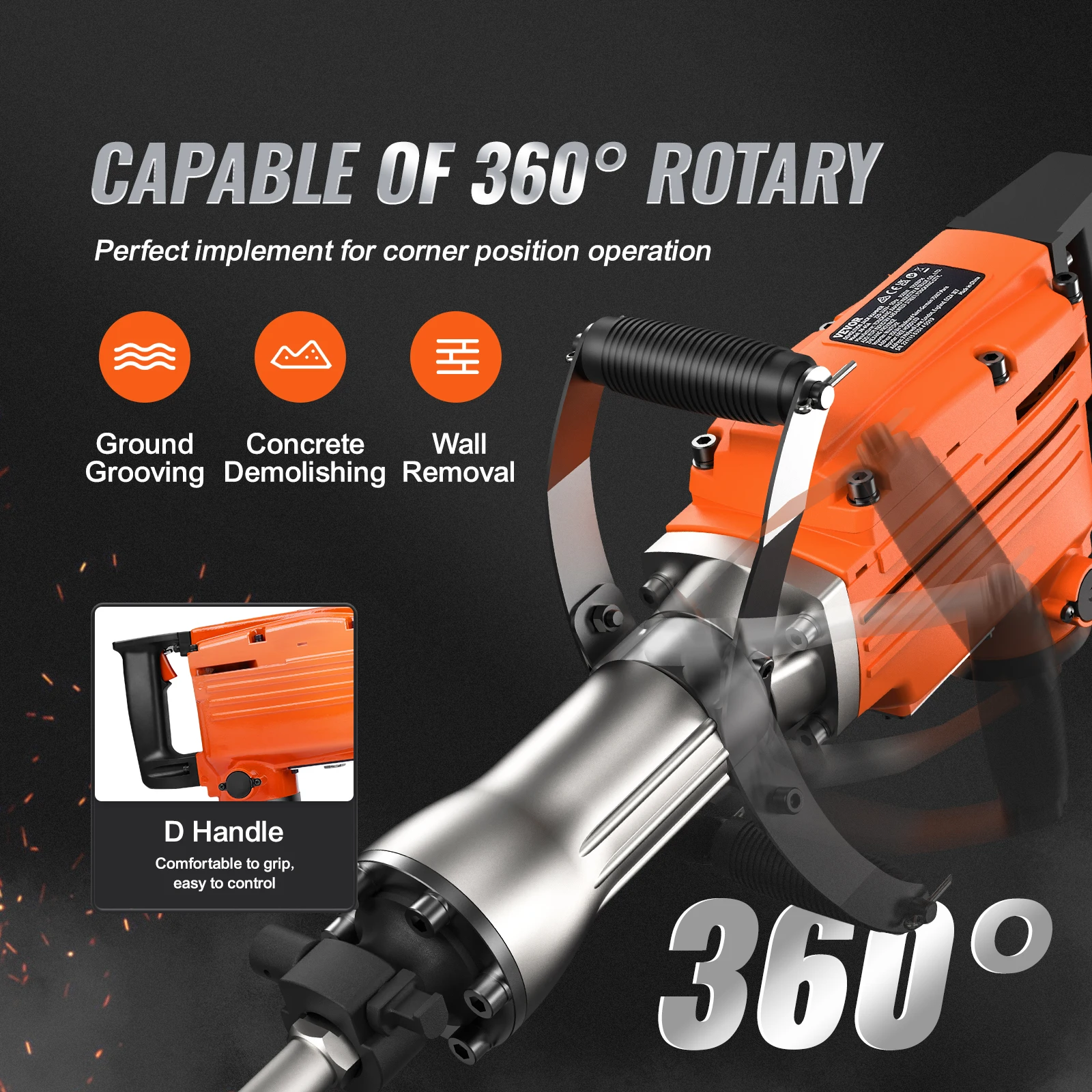 VEVOR Demolition Jack Hammer, 2200W Electric Jackhammer Heavy Duty, 1350 BPM Concrete Breaker, 2pcs Chisels Bit Chipping 6