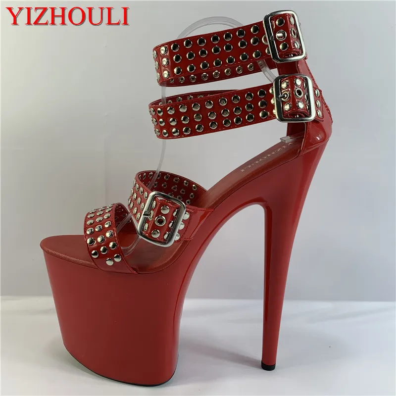

20cm fashion high heel, easy buckle belt show thin shoe, sexy lacquer rivet is decorated high heel performance dance shoes