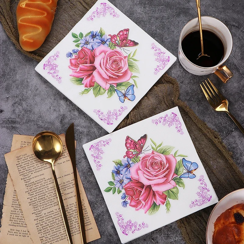 20pcs/Pac 33*33cm 2-Ply New Colourful Napkins Printed Rose Butterfly Paper Napkins Home Party Pure Wood Pulp Paper Placemat paper napkins