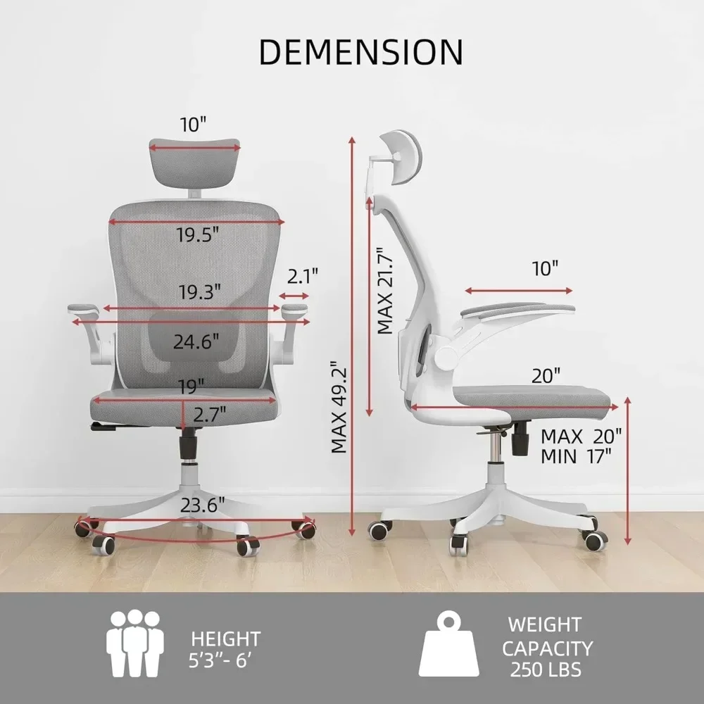 ergonomic office desk chair with lumbar support, headrest, adjustable height, flip-up armrests, and swivel rocking high back for