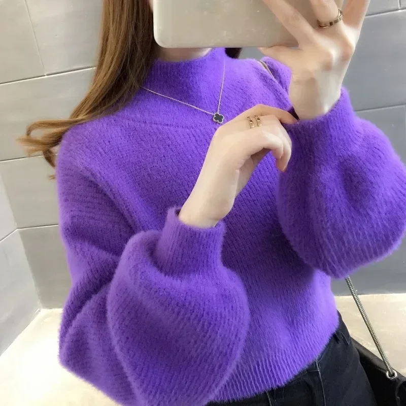 

Autumn Winter Thick Turtleneck Faux Mink Cashmere Sweater Women Puff Sleeve Loose Short High Waist Pullover Female Knitted Tops