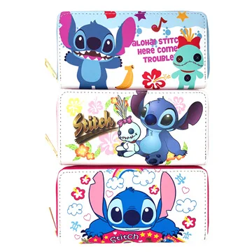 

Disney Stitch Wonman's Wallet Cute Cartoon Print PU Waterproof Student Long Money Clip Single Pull Large Change Storage Bag