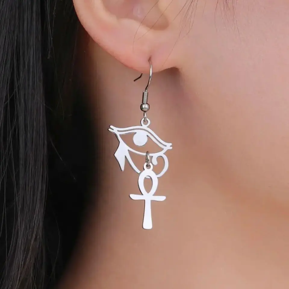Orecchini Donna Occhio Di Horus In Acciaio Inox - Simbolo Egiziano Ankh E Dea Iside