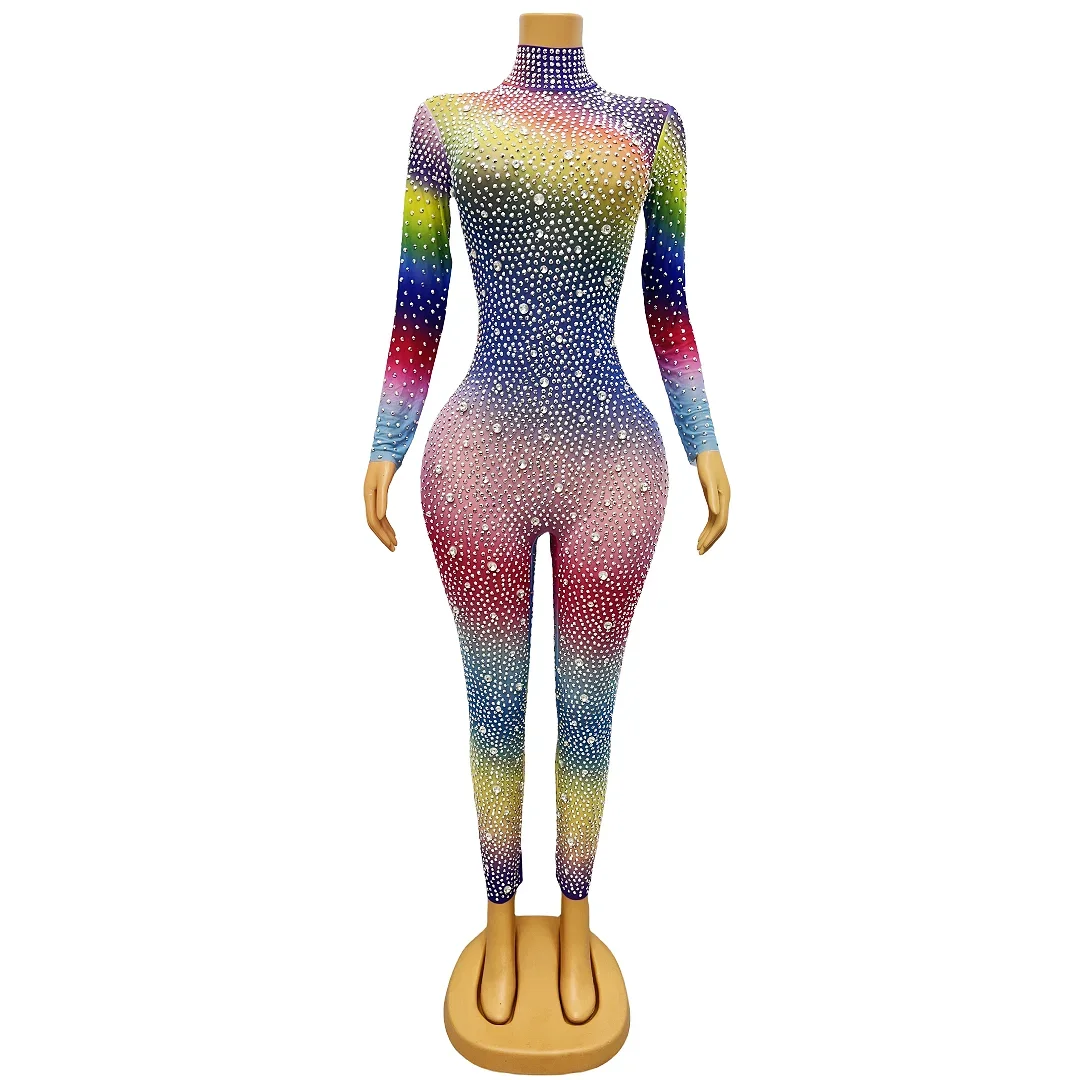 

Sparkly Multi-color Full Rhinestones Jumpsuit Birthday Celebrate Sexy Stretch Outfit Women Bodysuit Leggings
