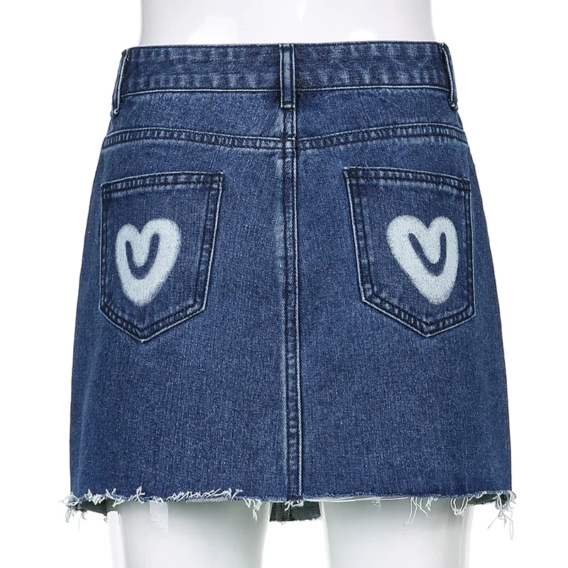 2024 Fashion Harajuku Women Lovely Heart Print A Line Denim Skirt Y2k Vintage Party Club Streetwear Mini Skirts Bodycon Clothes