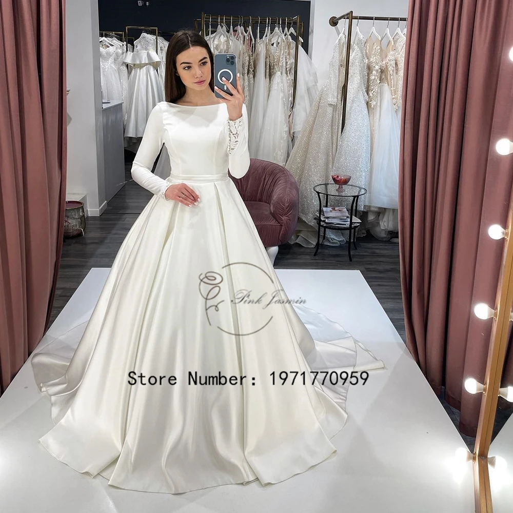 White Simple Boat Neck Wedding Dresses For Women 2023 New Glitter Applique Elegant Lace Bridal Gowns With Satin Vestido De Novia 4