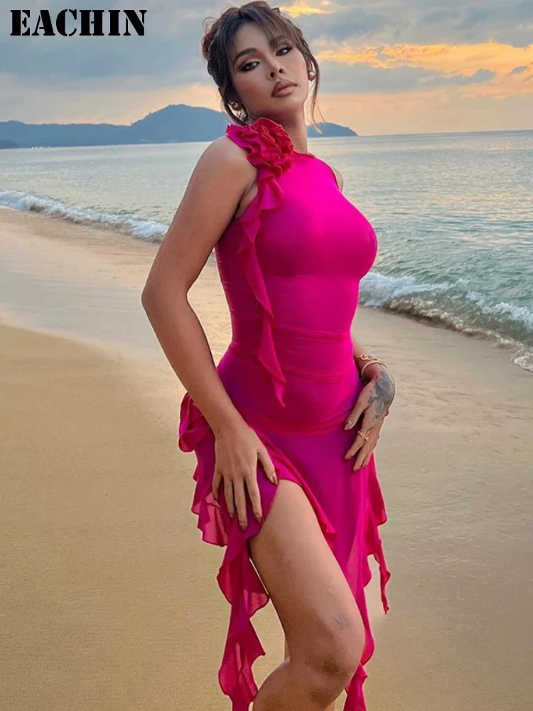 

EACHIN Y2K Sexy Bodycon Sleeveless Dress 2023 Women Summer Rose Red See Through Mini Irregular Ruffles Beach Party Club Dresses