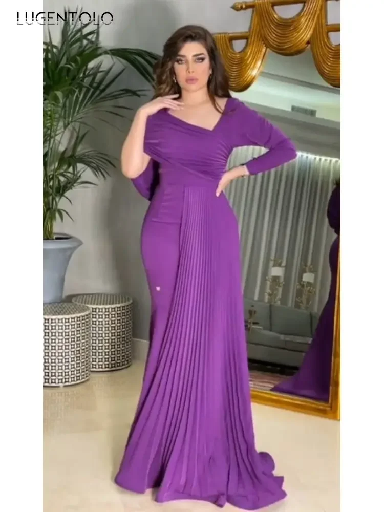 

Women Sexy Party Dress Long Sleeve Pressed Pleated Dance Slim Purple Empire Lady Elegant Maxi Dresses