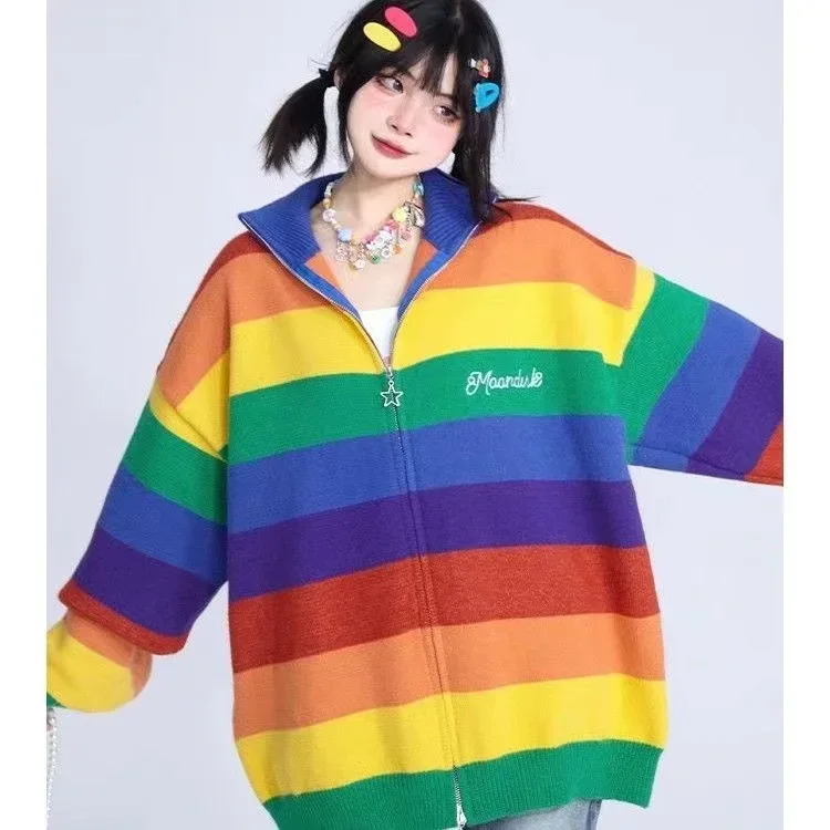 

Fashion Rainbow Striped Cardigan Coat Women Clothing Stand Neck Zipper Sueter Mujer Casual Embroidery Knitted Sweater Y2k Tops