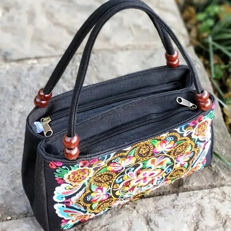 Yogodlns New Ethnic Style Embroidery Bag Double Zipper Double Sided Women Shoulder Crossbody Bag