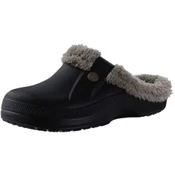 Evshine Winter Warm Waterproof Fuzzy Plush Slippers for Indoor and Outdoor Use (Black Khaki)