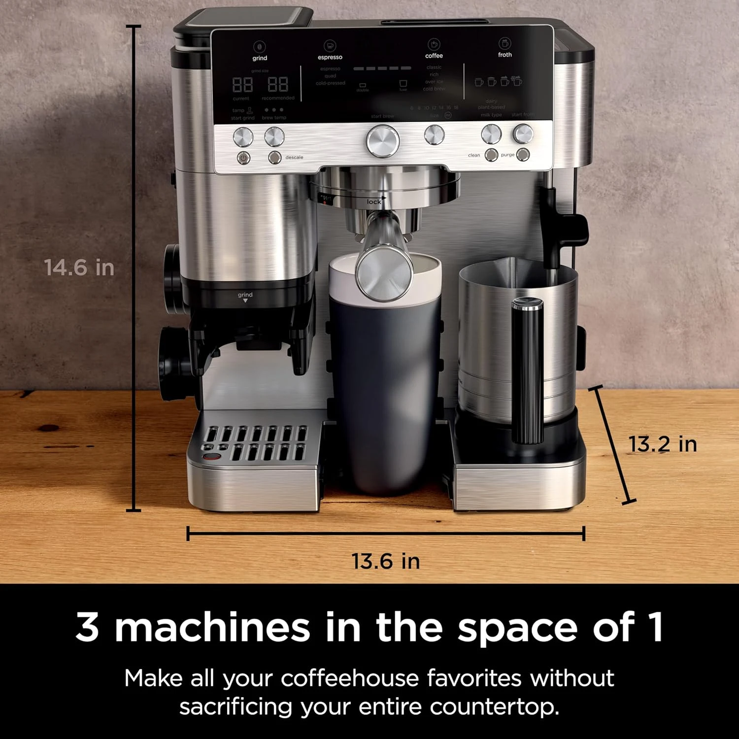 Fast cold brew espresso drip coffee maker with integrated grinder,tamper,hands-free frother for cappuccino and latte 6