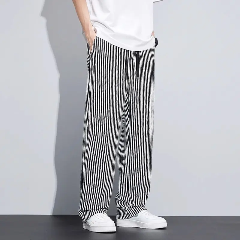 Korean Version Streetwear Fashion Men Stripe Wide Leg Pants Summer Male Harajuku Loose Casual Elastic Waist Straight Trousers