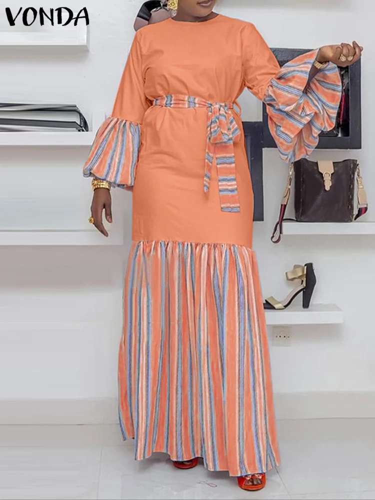 

VONDA 2024 Vintage Long Dress Women Long Lantern Sleeve Bohemian Sundress Casual Loose Belted Patchwork Maxi Robe Femme Oversize
