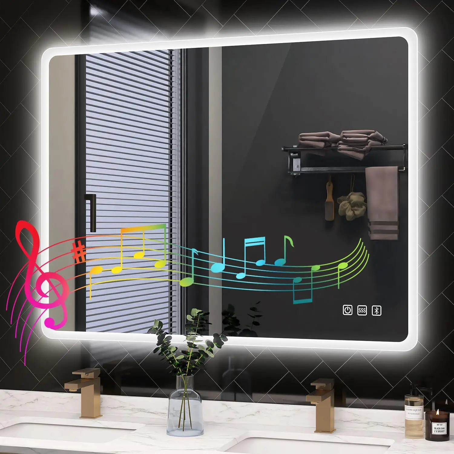LED-Bathroom-Mirror-with-Lights, Wall-Mounted with Bluetooth Speaker