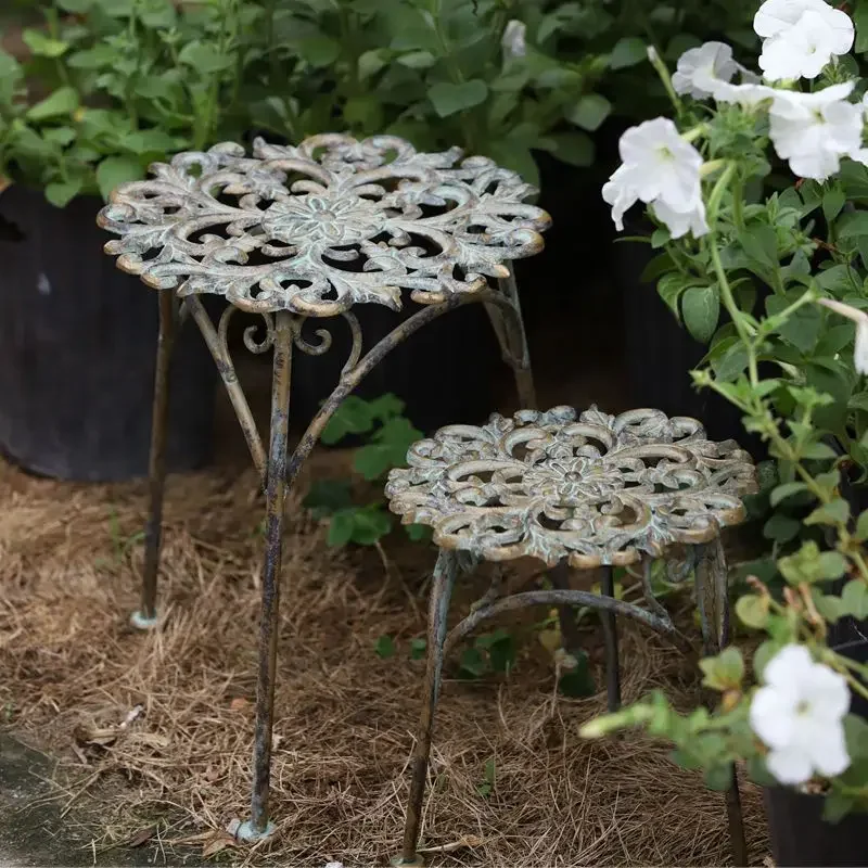 European Style Outdoor Flower Rack Iron Do Old Flowerpot Base Hollowed Out Pattern Plant Display Courtyard Floor Storage Shelf