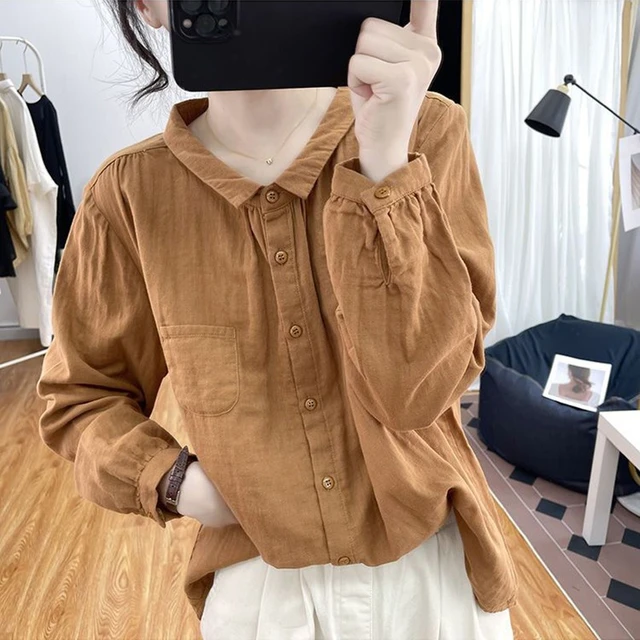 100% Cotton Loose Solid Women Shirts Turn-down Collar Long-sleeved Casual  All Match Lady Outwear Coats Tops - Women Shirt - AliExpress