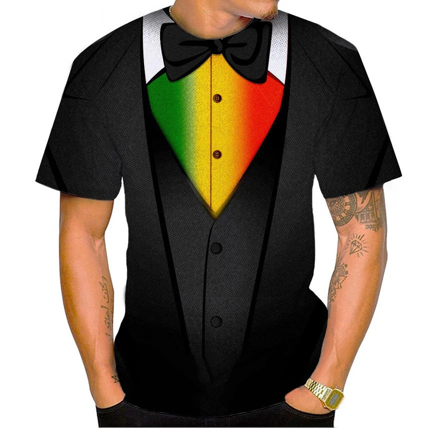 

Men and Women Casual Short-sleeved Tuxedo Bow Tie Shirt Tops New Fashion Summer Suit 3D Printed T-shirt