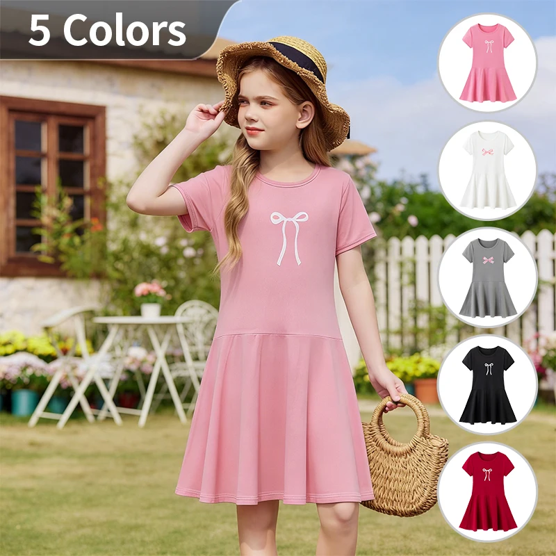 Sommerkleid mit Schleifenmuster für Mädchen, lässiger, vielseitiger knielanger Rock für Kinder, bequemer, niedlicher Faltenrock mit Rundhalsausschnitt