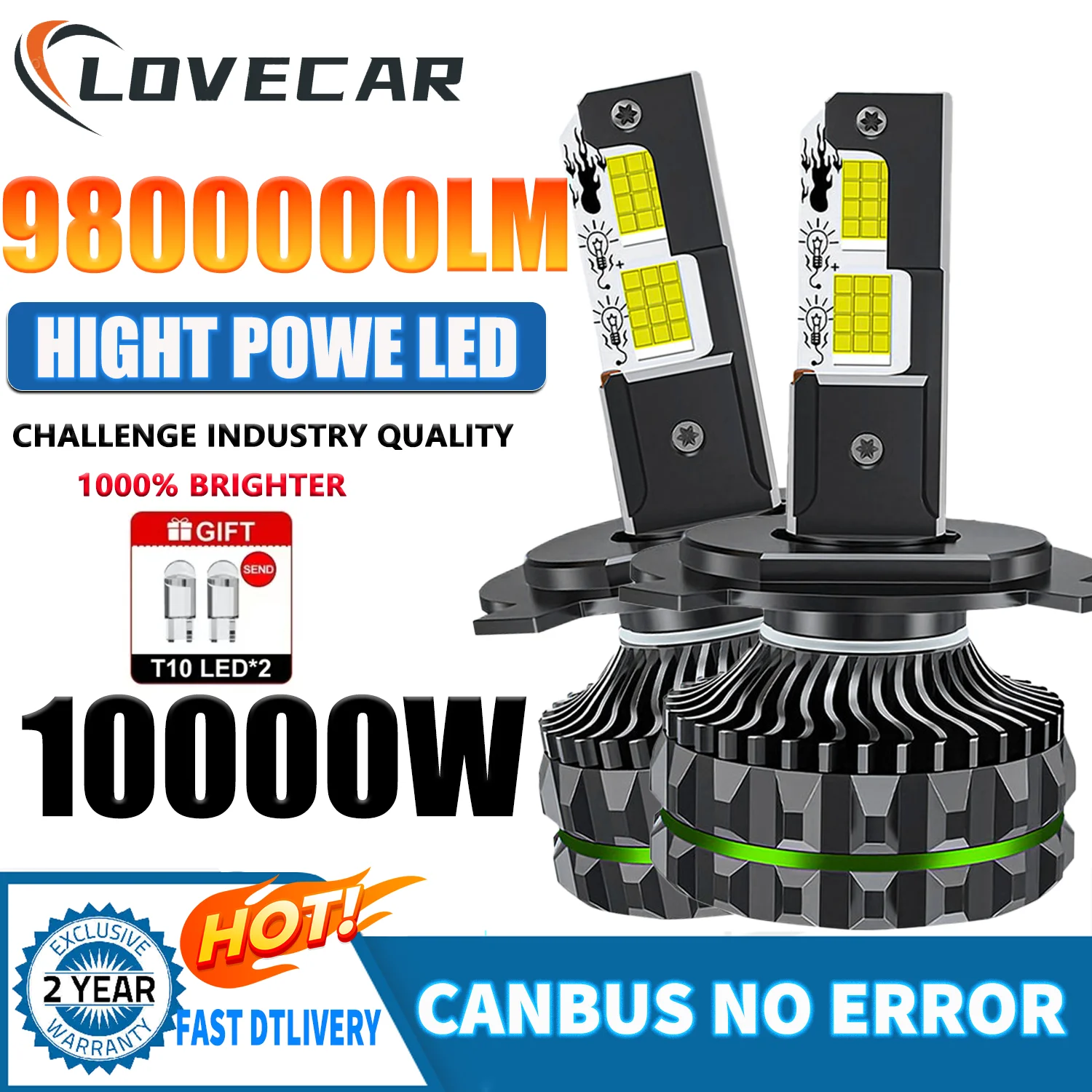 หลอดไฟหน้ารถยนต์ LOVECAR 10000W LED H4 สีขาวสว่าง 8000000LM ชุดไฟสูงแบบคอมโบ หลอดไฟ LED สำหรับไฟหน้ารถยนต์ Turbo 12v 24v สว่างพิเศษ 1