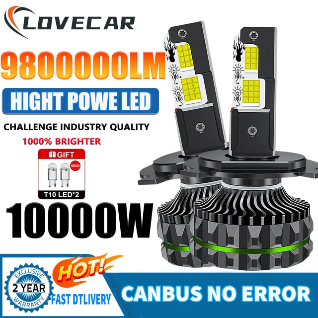 หลอดไฟหน้ารถยนต์ LOVECAR 10000W LED H4 สีขาวสว่าง 8000000LM ชุดไฟสูงแบบคอมโบ หลอดไฟ LED สำหรับไฟหน้ารถยนต์ Turbo 12v 24v สว่างพิเศษ 1